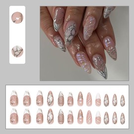 French Tip Press on Nails Long Stiletto Fake Nails with Silver Line Design Full Cover Reusable Glossy False Nails French Manicure Stick on Nail Daily Party Wear for Women and Girls 24 Pcs