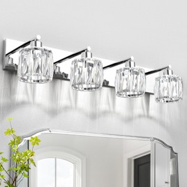 VOLISUN Crystal Vanity Lights - 4 Light Modern Stainless Steel Bathroom Light Over Mirror, Chrome Finish - UL Certificated (Exclude Bulb)