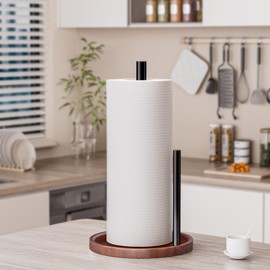 Chinpakden Countertop Paper Towel Holder Wooden - Kitchen Paper Towel Holder Stainless Steel with Real Wood Base, Farmhouse Paper Towel Roll Dispenser Fits Standard and Jumbo Size Paper Towels.