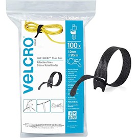 VELCRO Brand | One-Wrap Reusable Thin Ties | Multi-Purpose Ties Perfect Desk Accessories for Cable Management & Home Improvement | Black | 12mm x 20cm | Pack of 100