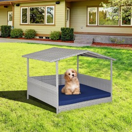 Tangkula Wicker Dog House, Indoor Outdoor Raised Rattan Dog Bed w/Removable Cushion, Washable Cover, Weatherproof Roof, Rattan Puppy Shelter w/Elevated Floor for Small Medium Dogs (Grey & Navy)