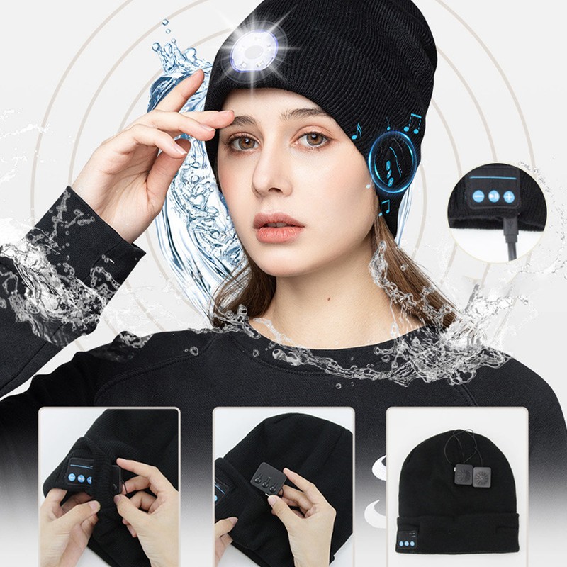 LED Beanie Hat with Headphones Wireless Black Musical Knitted Cap