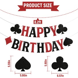 Casino Happy Birthday Banner - Las Vegas Birthday Party Decor, Casino Theme Blackjack Poker Night Casino Night Birthday Party Decorations Red & Black Glitter