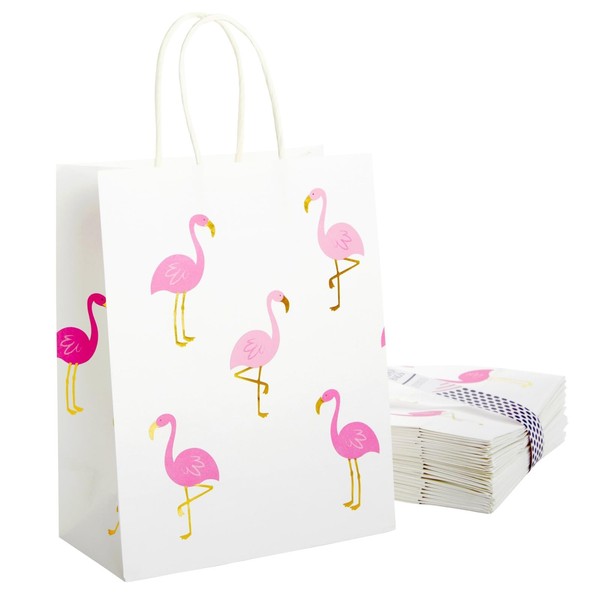 Sparkle and Bash 24-Pack Flamingo Birthday Party Favor Gift Bags with Convenient Handles, Medium Size, 8x10x4 inches for Tropical-Themed Decorations (White, Pink Gold Foil Design)