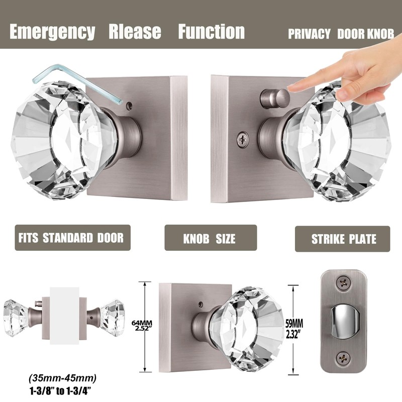 HIEMEY Privacy Glass Door Knob with Lock, Crystal Glass Door