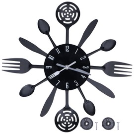 Restokki Wall Clock 14.4 Inch Kitchen Wall Clock, Black Kitchen Cutlery Wall Clock with Spoons and Forks, Removable Creative Modern 3D Wall Sticker