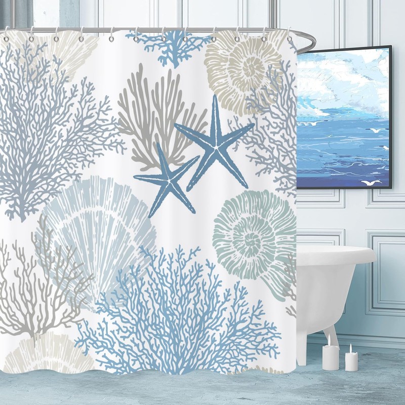 Caheansi Nautical Coastal Shower Curtain, Blue Ocean Beach Seashell Starfish