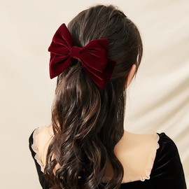 Xduargs Vintage Satin Bow Hair Barrettes Large Velvet Bow Hairclips French Big Bowknot Hairpin Clips Winter Ribbon Bow Headclip Barrette Decorative Hair Accessories for Women Headdress(Red 2)