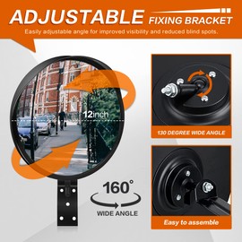 CHIUHEI 12-Inch Convex Security Corner Mirror (Clear View) - Adjustable Fixing Bracket, Wide Angle, Indoor and Outdoor Use - Ideal for Warehouse, Office, Parking Garage, and Traffic Safety (Black)