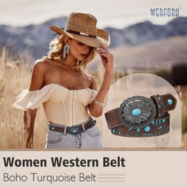 WERFORU Women Western Leather Belt Retro Medieval Style Turquoise Buckle Belt Cowgirl Faux Leather Belt