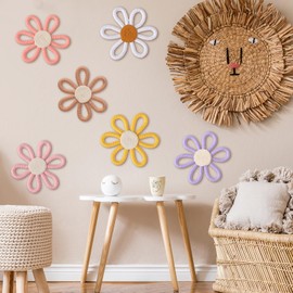 Zeyune 6 Pcs Boho Daisy Flower Wall Art Decor Boho Nursery Wall Art Decor Daisy Flower Woven Macrame Wall Hanging for Home Indoor Decorations(Colorful,Yarn and Cotton Rope)