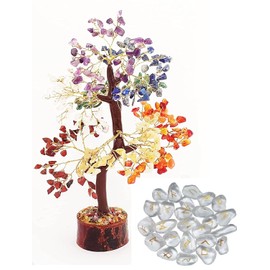 Sharvgun Seven Chakra Natural Healing Gemstone Crystal Bonsai Fortune Money Tree for Good Luck, Wealth & Prosperity & Clear Quartz Rune Set, Charge Healing Crystal