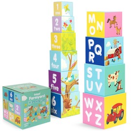 boppi Stapelwürfel Spielzeug mit Bauernhoftiere Buchstaben Zahlen, Montessori Würfel Stapelspielzeug ab 1 Jahr Stapelturm als Motorikspielzeug Stapelspiel ab 1 Jahr Buchstaben Würfel Set