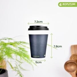 BIOFUTURE Biodegradable Coffee Cups – 50 x 6oz – 16oz (170ml – 450ml) Disposable Paper Cups with Lids – Eco-Friendly and 100% Compostable – Ideal for Tea, Coffee, and Hot Drinks (Black, 6oz)
