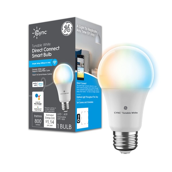 GE Lighting CYNC Smart LED Light Bulb, Tunable White, Bluetooth and W-Fi Lights, Works with Alexa and Google Home, A19 Light Bulb (1 Pack)