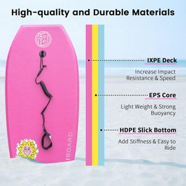 iBoard Bodyboard with Wrist Leash Lightweight Body Board for Adults with EPS Core 37 Inch Choose Color, Pink