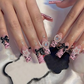 Medium Press on Nails Pink French Tip Fake Nails Square with 3D Bow Heart Star Design Glue on Nails Zebra Glossy Acrylic Full Cover Stick on Nails for Women 24 Pcs