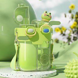 Kawaii Water Bottle Fashion Plastic Double Drinking Water Bottle with Straw Adjustable Strap for Outdoor Sports Travel Lime Green 780ml