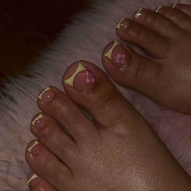 24Pcs Press on Short Toenails,YIHONGYAN Nude Fake Toe Nails Press ons Yellow French Toenails Tip Acrylic Toenails Kit with Cute Flower Design Glue on Full Cover False Toenails Stick on Women Toenails