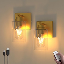 ThyFenno Battery Operated Wall Sconce with Remote Control Set of 2, Dimmable Wall Mounted Light Easy Install, Rechargeable Wireless Wall Lamp for Bedroom Bathroom Kitchen Vanity Mirror, Brass