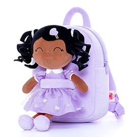 Gloveleya Toddler Backpack Baby Girls Gift Plush Bag Diaper Bag with Spring Girl Doll Curly Hair Girl Toys with Love Brown Purple 9 Inches