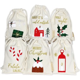 Papierdrachen 6 Gift Bags for Christmas, Christmas Gift Wrapping, Beautifully Embroidered and Ideal for Wrapping, Cream with Colourful Embroidery, 13 x 18 cm, Set 8