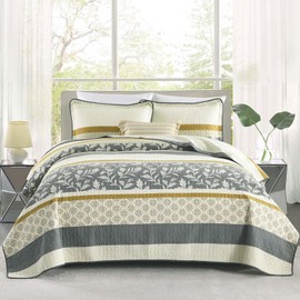 DUOHONG 100% Cotton Quilt Set King Size, King Quilt, Patchwork Striped Botanical Quilted Bedspread Lightweight Comforter for King Bed, 3pcs, Gray