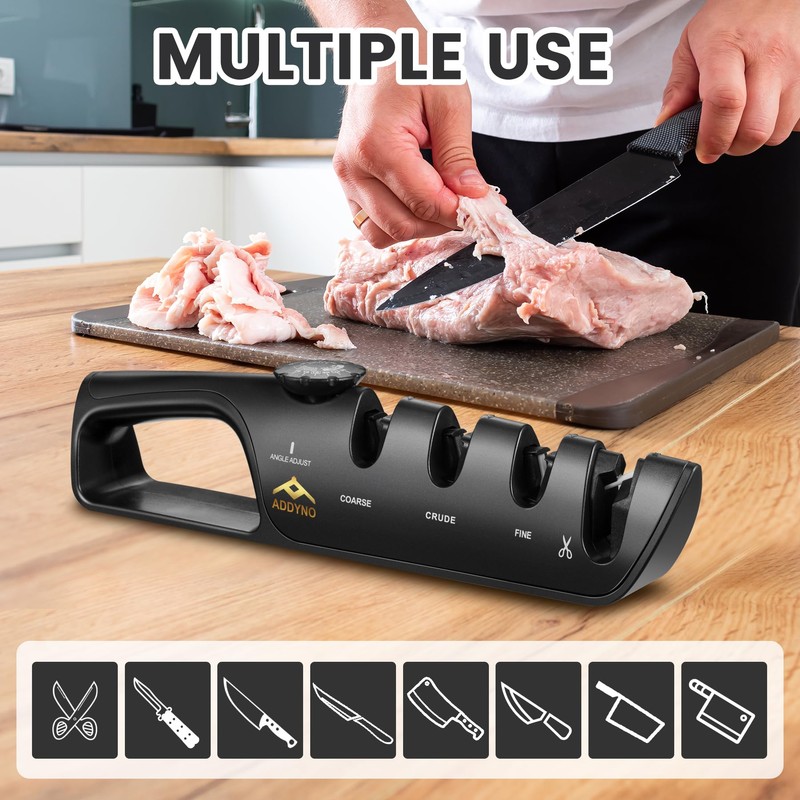 ADDYNO 4-in-1 Knife Sharpener with Angle Guide, Adjustable Edge,3-Stage Coarse–Sharpen–Fine