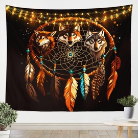Feelyou Wolves Howling Tapestry for Kids Boys Girls Wolf Wall Blanket Medium 59"x59" Dreamcatcher Wall Hanging Decor Animal Wolves Wall Art Mountain Moon Wolf Tapestries