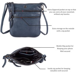 Cochoa Small Women Real Leather Crossbody Triple Zip Vintage Sling Handbag Purse Travel Crossover Shoulder Bag Handmade (Ocean Blue Washed Vintage)