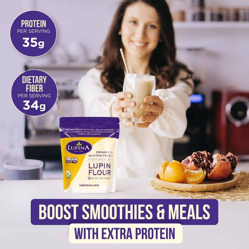 Lupina Organic Gluten-Free Lupin Flour –16 oz- High-Protein, High-Fiber, Low-Carb