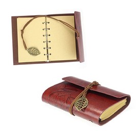 TEHAUX Vintage Leaf Pattern Pu Cover Blank Notebook Journal Travel Diary Loose-leaf Binding Pages for Writing Sketching and Memory Recording Dark Red Color