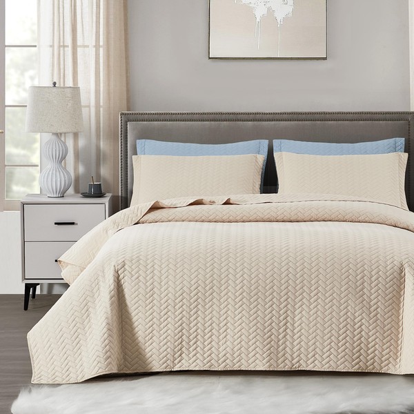 Maple&Stone Quilt Set California King Size, Lightweight Beige Bedspread Ultrasonic