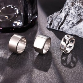 YOVORO 3Pcs Stainless Steel Signet Rings Chunky Wide Band Ring for Men Women Cuban Link Chain Rings Fashion Matte Finish Plain Ring Comfort Fit Size 9 Silver