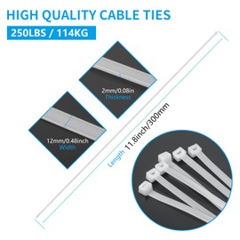 Armpow Pack of 80 12 x 300 mm Tensile Strength 114 kg / 250 lbs Cable Ties Long Robust UV-Resistant Cable Ties with Slider Cable Ties Made of Thick Nylon for Cable Management (White)