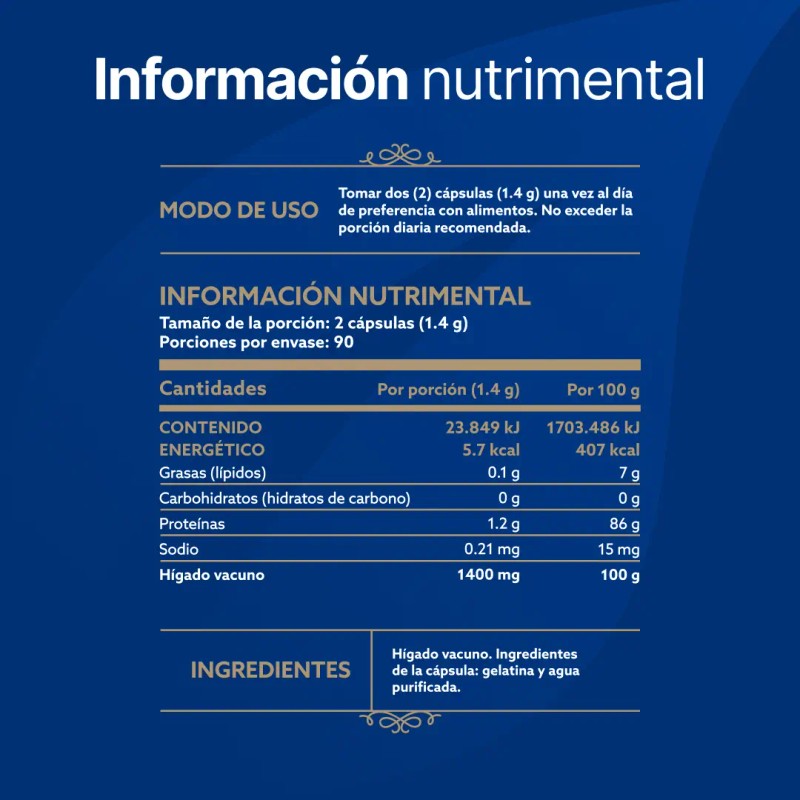 Hígado Vacuno Res 180 Cápsulas 1400 Life Sabor