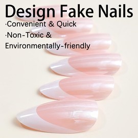 French Tip Press on Nails Medium Almond Fake Nails Nude False Nails with Designs Chrome White Nail Tips Glue on Nails Cute Full Cover Acrylic Artificial Nails Natural Stick on Nails for Women 24Pcs