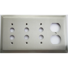 Satin Nickel Deco Step Style 4 Gang Wall Plate - 3 Push Button Switch 1 Duplex Outlet