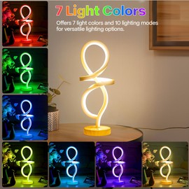 Mayful Modern Table Lamp, LED Spiral Lamp, RGB Table Lamp, Wood Grain Bedside Lamp with 7 Colors 10 Light Modes, Touch Dimmable Nightstand Lamp for Bedroom Living Room Home Office, 15W