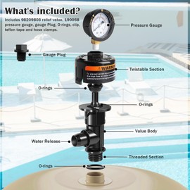 98209800 High Flow Air Relief Valve Replacement for Pool and Spa Filter, Air Relief Manual Valve Assembly with Pressure Gauge, Teflon Tape, O-ring, Clip, Hose Clamps, Gauge Plug