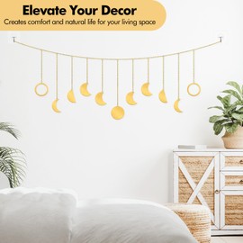 Poeland Moon Phase Hanging Wall Decor, Boho Moon Ornaments with Hooks, Moon Hang Art Decor for Bedroom, Home, Office, Nursery (Gold Matel Moon)
