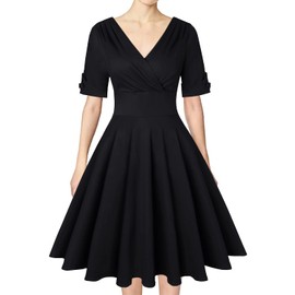 MINTLIMIT Women's 1950s Vintage Wrap V Neck Half Sleeve Retro Floral Cocktail Dresses A-line Swing Dress (Black,Size 2XL)