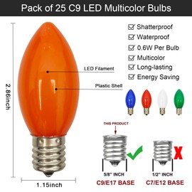 SUNSGNE 25 Pack Multicolor C9 LED Outdoor Christmas Light Bulbs, C9 Replacement Bulbs for Christmas Outdoor Indoor String Lights, E17 Shatterproof Christmas Light Bulbs, E17 Intermediate Base Bulbs