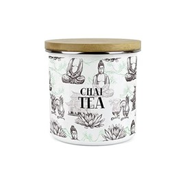Purely Home Asian Scenes Chai Tea Canister - White Metal Enamel Kitchen Food Storage Container