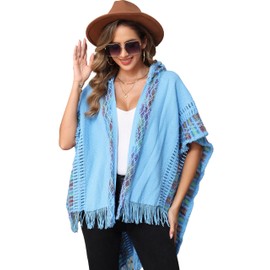 Women's Knit Vintage Ethnic Tassel stripes Poncho Shawl With Tassel Open front Cape Wrap (Blue)