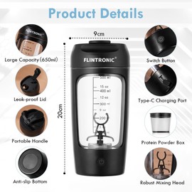 flintronic Protein Shaker Flasche, 650ML Elektrischer Protein Shaker, Automatischer Protein Mixer, USB C Wiederaufladbare Eiweiß Mixer, Shaker Cups für Proteinshakes Mahlzeitenersatz- BPA-Frei