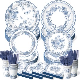 Blue Floral Plates and Napkins Tableware Sets - Serves 24, Includes Flower Paper Plates, Napkins Cups Knives Forks, Vintage Floral Plate for Wedding Bridal Tea Party Supplies