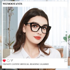 WEMOOTANTS Large Bifocal Reading Glasses for Women 2.0 Black Cat Eye Bi-focal Readers Trendy Designer 100 125 1.50 175 200 225 250 275 3.00 350