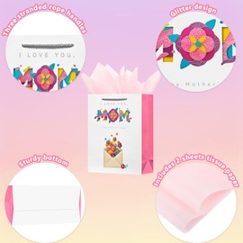 OFIHANLY 12.5" Medium Size Happy Mothers Day Gift Bags with Handles for Mom Pink Floral Paper Gift Wrap Bags with Tissue Paper for New Mom, Grandma, Sister, Nana, Gigi