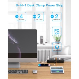 Desk Clamp Power Strip with PD30W USB-C, HANYCONY 5Ft Extension Cord, Desk Edge Mount Charging Station, Surge Protector with 4 Outlets 4 USB Ports(2 USB C), Home Office Gaming Accessories Essentials
